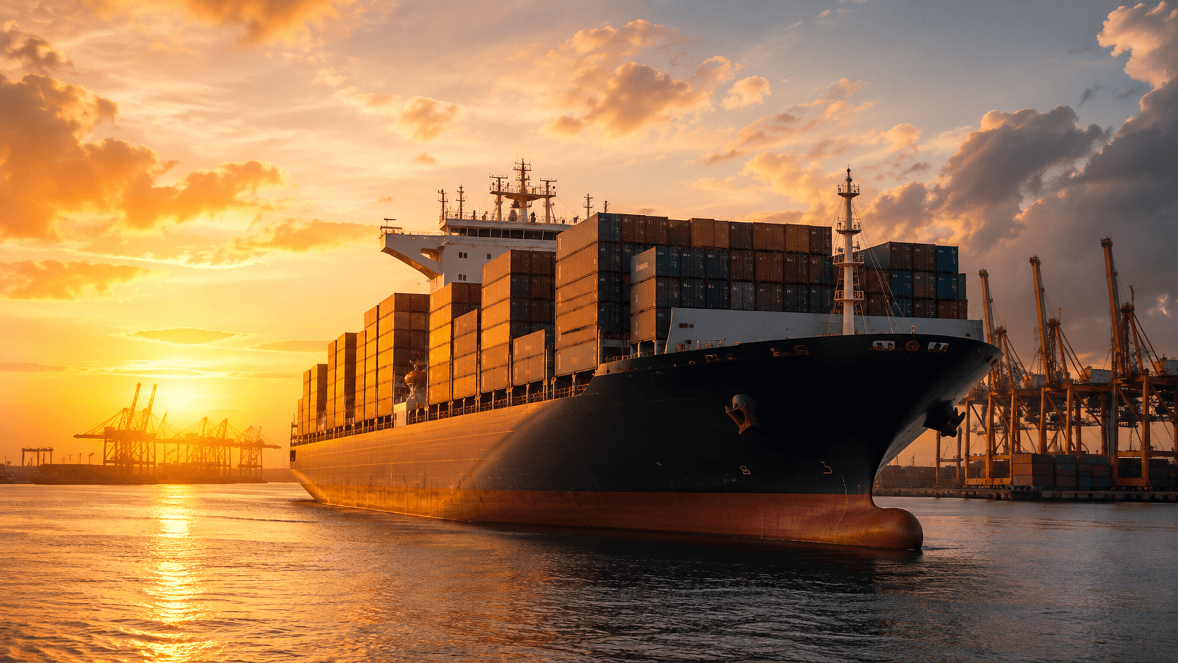 A loaded container ship at berth at sunset