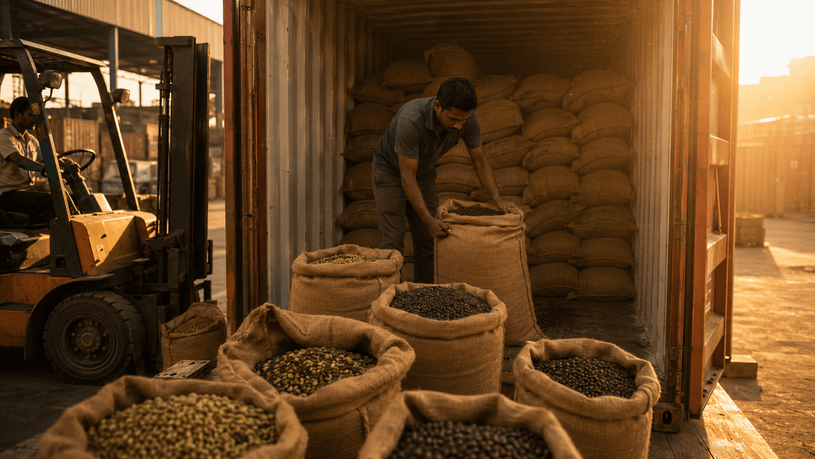 Marked sacks being loaded into a shipping container