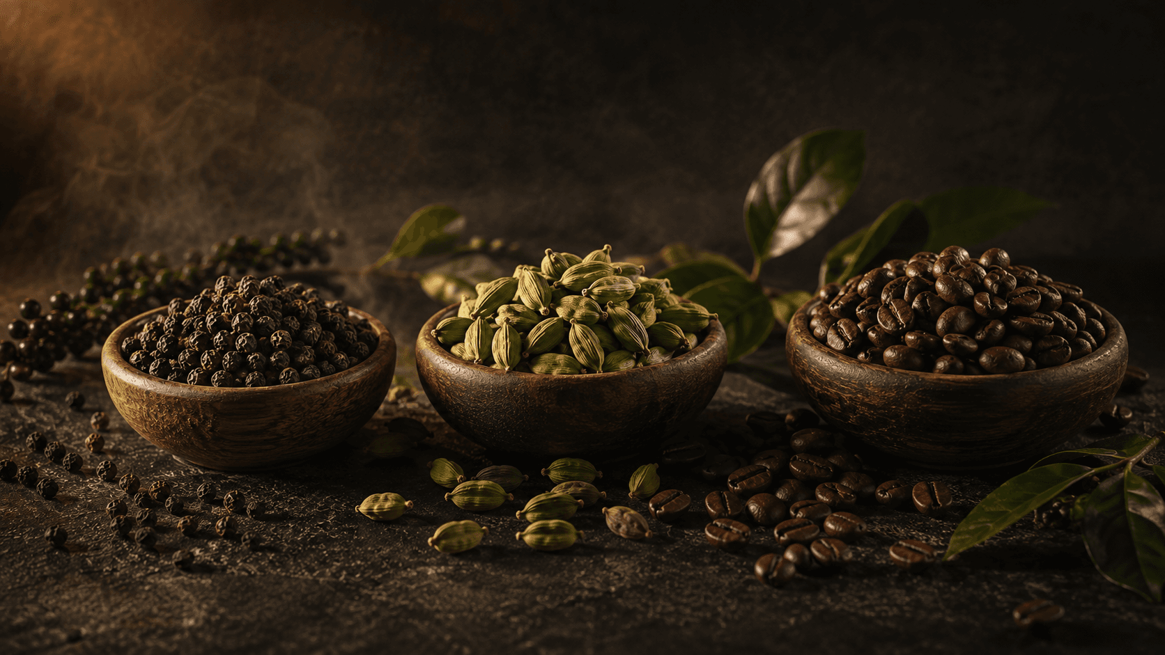 Black pepper, green cardamom and coffee beans in three wooden bowls