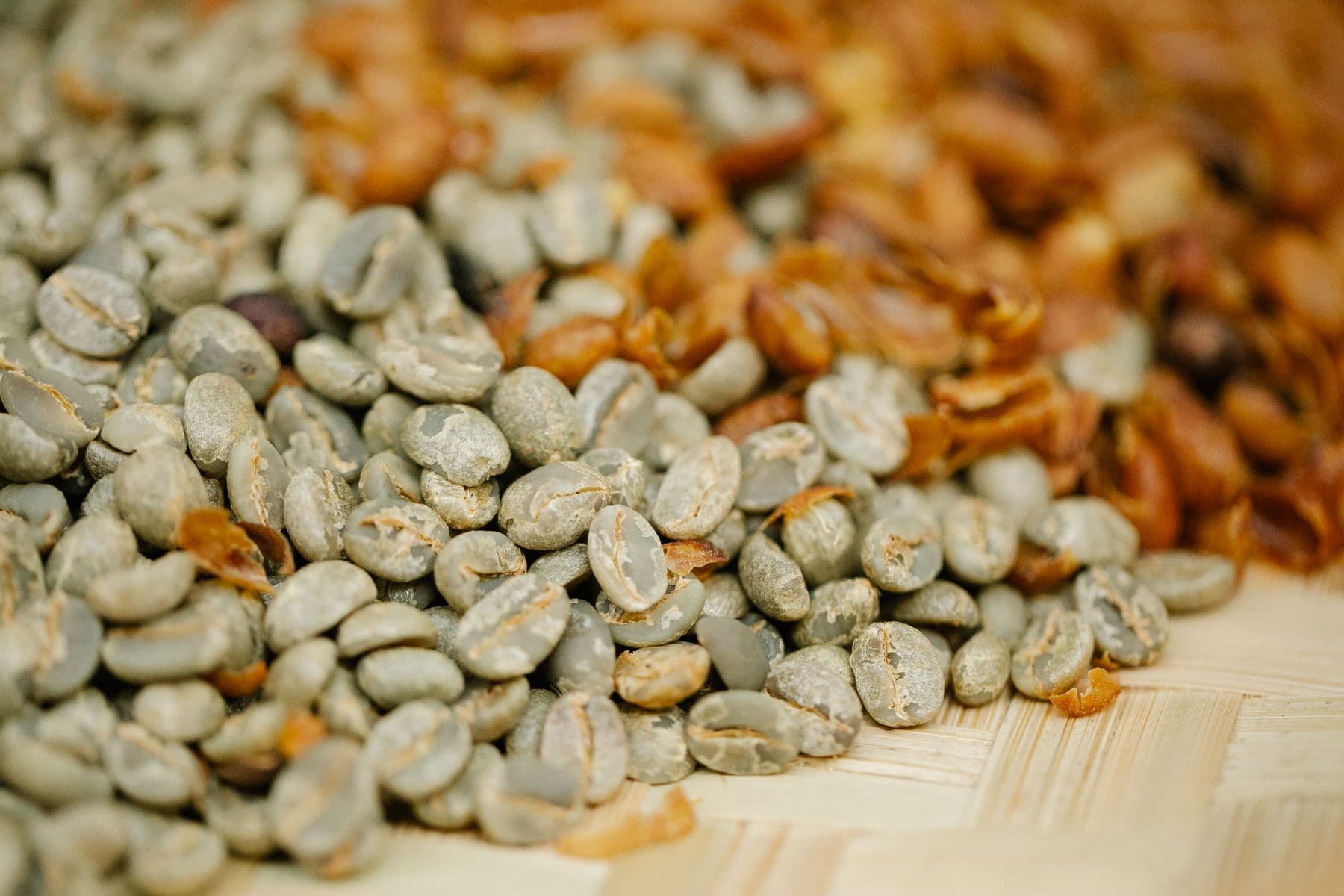 Parchment coffee drying on a bamboo mat, husk separating from the bean